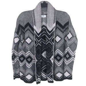 Old Navy Open Front Cardigan Size L Monotone Knit Black Gray Chevron Diamond